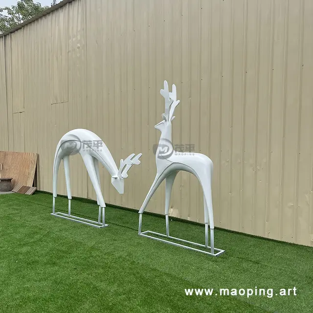 Big large modern metal sculpture stainless steel deer statue seen from another angle