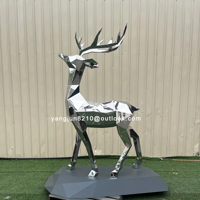 Contemporary Modern Popular Art Reflective Decoration Polished Stainless Steel Wildlife Deer Statue with Raised Leg seen