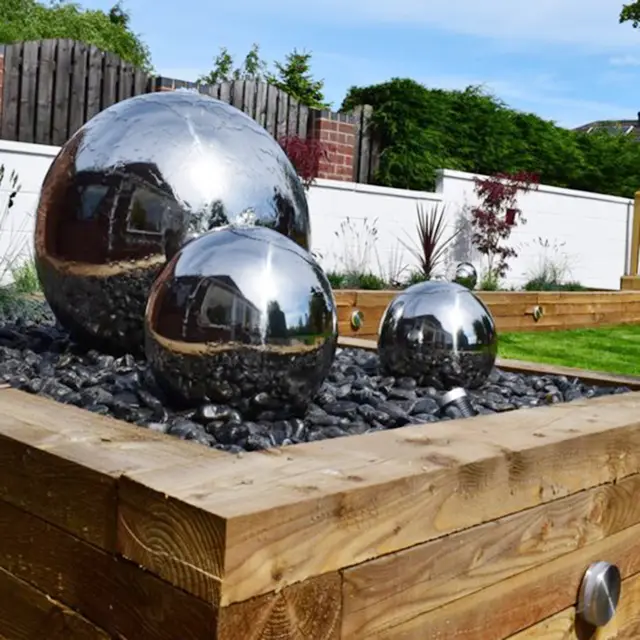 European style decoration stainless steel ball water fountain outdoor garden hollow ball fountain seen from another angl