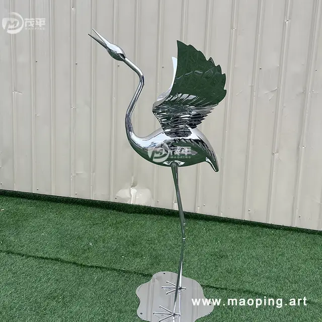 Custom outdoor park pool mirror polished stainless steel abstract art sculpture Crane metal statue from the side