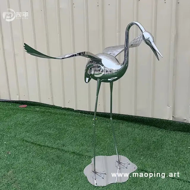Custom outdoor park pool mirror polished stainless steel abstract art sculpture Crane metal statue seen from another ang