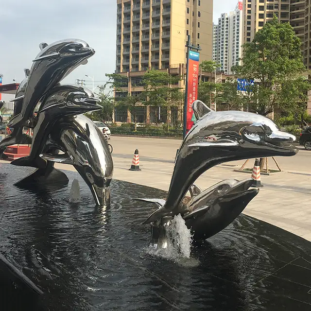 Large stainless steel sculpture—Dolphin in close view