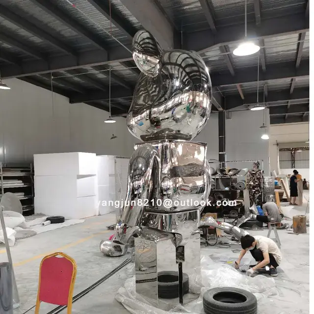 Famous Outdoor square garden courtyard stainless steel bear sculpture seen from another angle