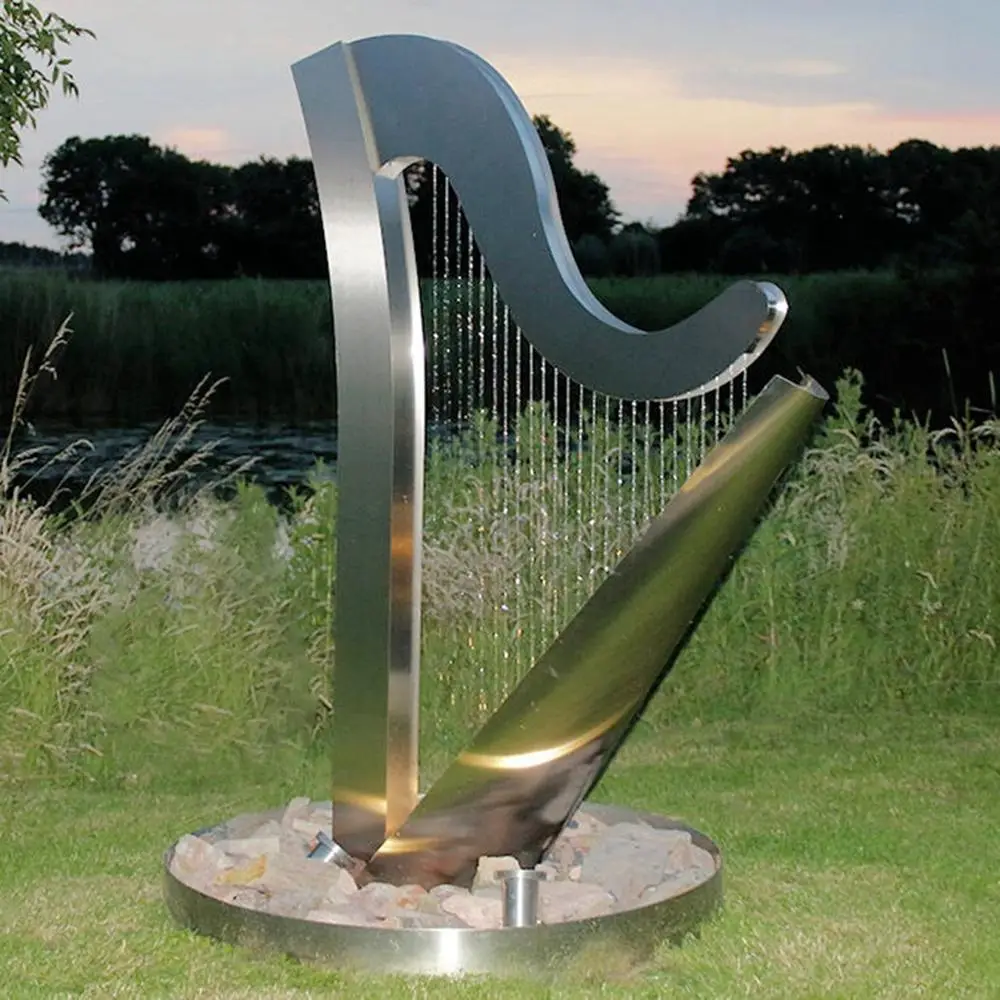 Custom metal fountain sculpture stainless steel harp sculpture