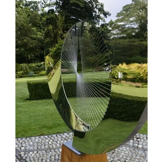 High Mirror Polished Stainless Steel Metal Garden Outdoor Sculpture Modern in close view