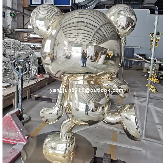 Indoor high-end hotel apartment floor decorations stainless steel bear sculpture seen from another angle