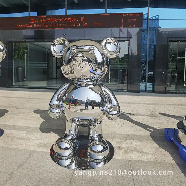 Indoor high-end hotel art museum amusement park gallery theater mirror polished stainless steel bear sculpture in close