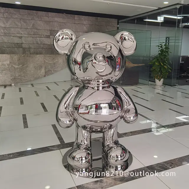 Indoor high-end hotel art museum amusement park gallery theater mirror polished stainless steel bear sculpture