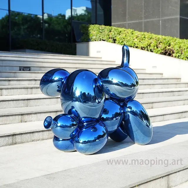 Indoor hotel apartment art deco stainless steel balloon dog sculpture seen from another angle