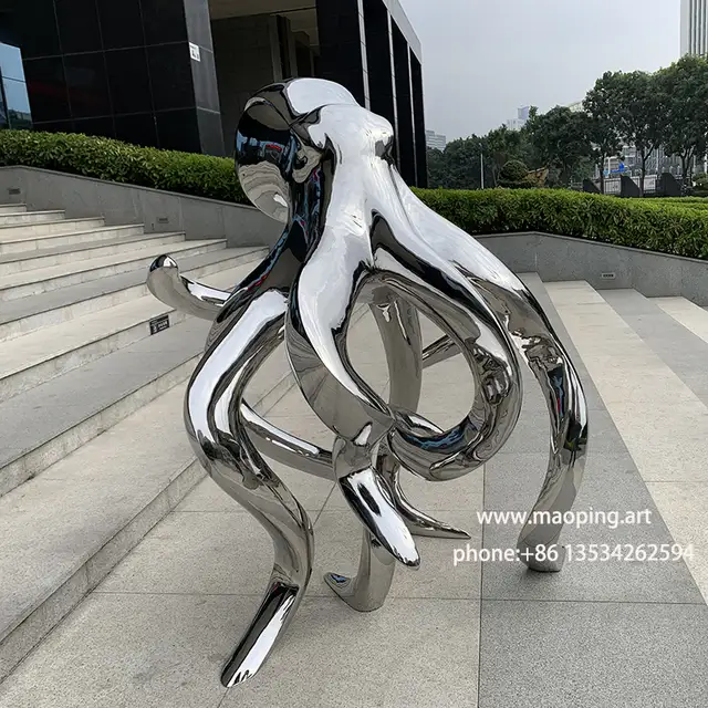 Indoor hotel apartment square public sculpture stainless steel octopus sculpture seen from another angle