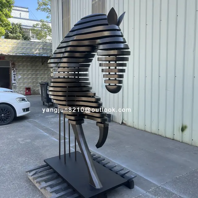 Indoor hotel deluxe apartment hall aisle floor decorations stainless steel horse sculpture seen from another angle
