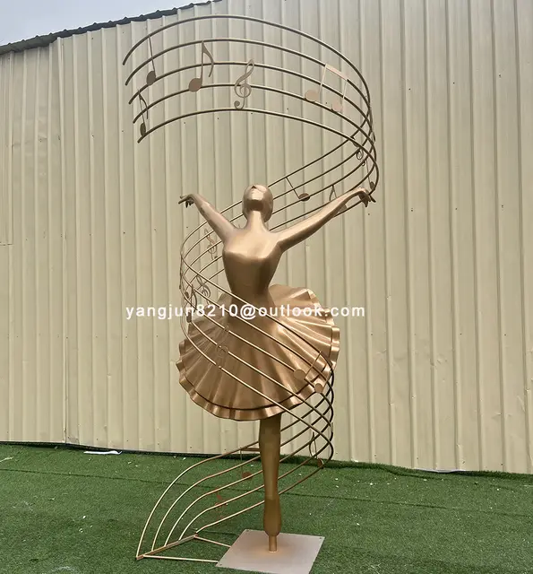 Indoor upscale hotel apartment Outdoor park square garden courtyard art stainless steel dancer sculpture in close view