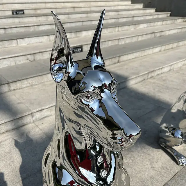 Interior Deco Art Stainless Steel Doberman Sculpture seen from another angle