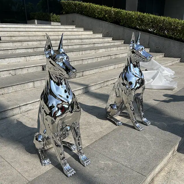 Interior Deco Art Stainless Steel Doberman Sculpture in close view