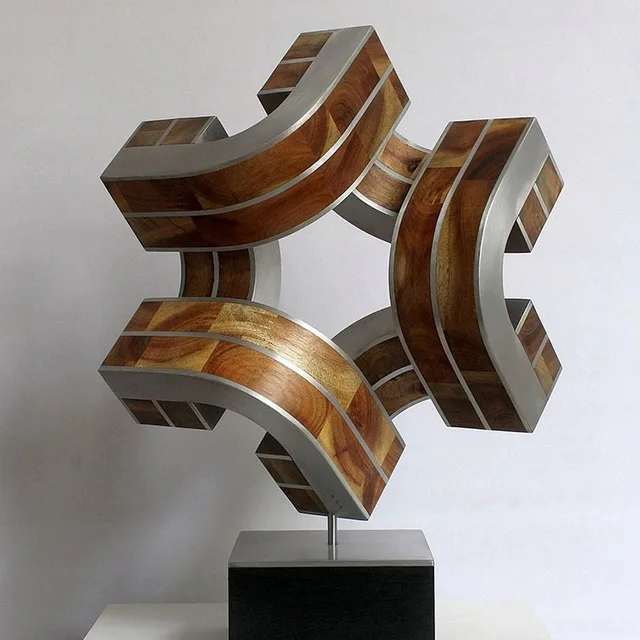 Interior decoration wood and metal stainless steel abstract sculpture