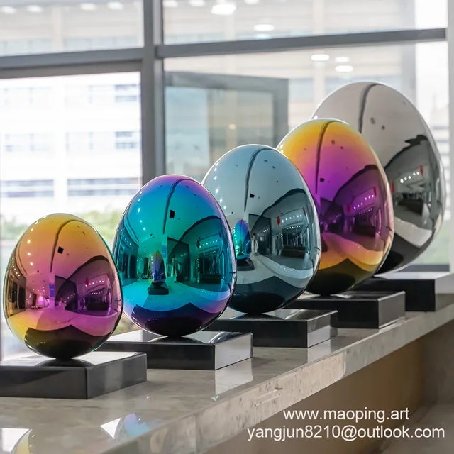 Interior design high-end hotel apartment home decoration stainless steel egg sculpture seen from another angle