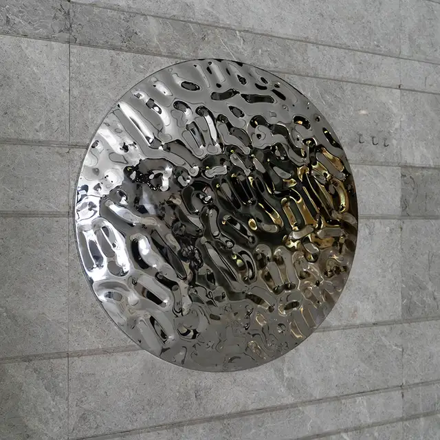 Home decorations blue stainless steel wall sculpture in close view