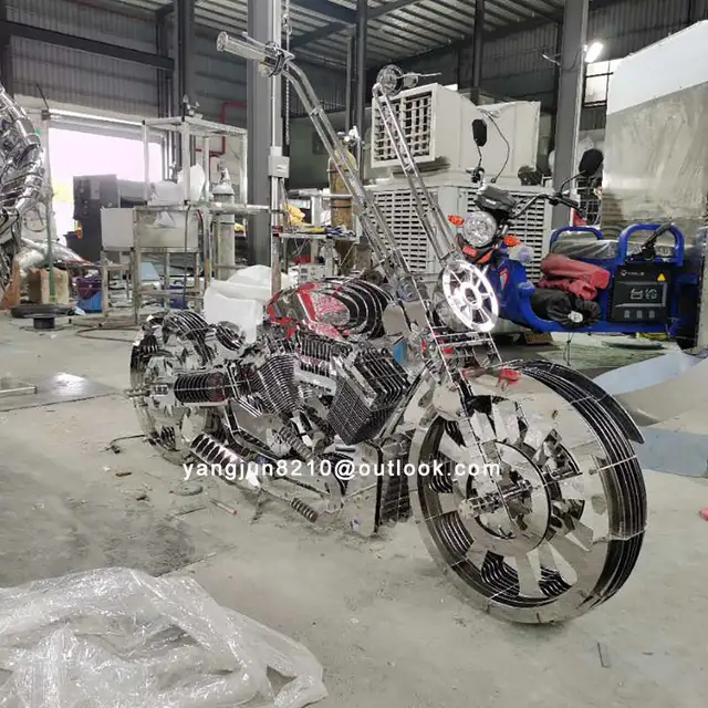 Interior luxury hotel apartment home decorations stainless steel abstract motorcycle sculpture seen from another angle