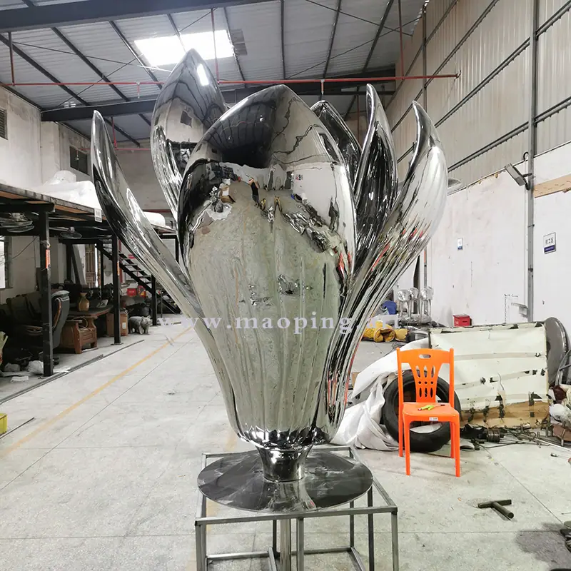 Large outdoor garden courtyard polished stainless steel flower sculpture