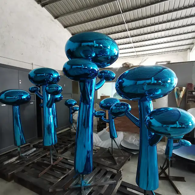 Large outdoor park square garden metal decoration art abstract blue stainless steel mushroom sculpture