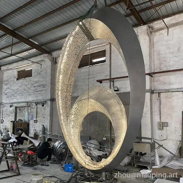 Large outdoor park square urban decoration sculpture metal LED stainless steel ring sculpture in close view