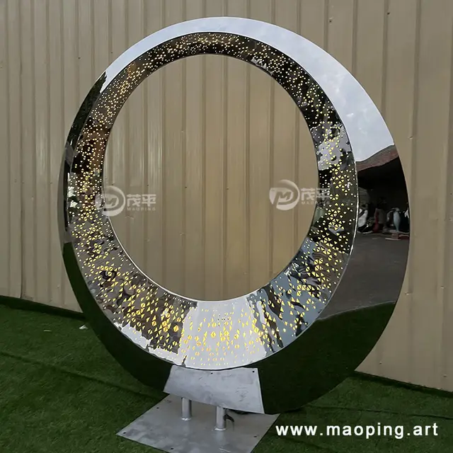 Large outdoor square beach luminous stainless steel ring sculpture