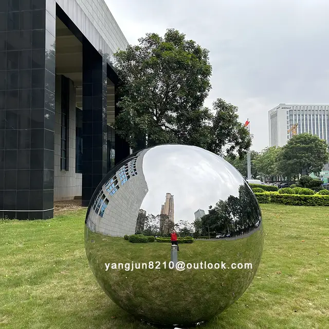 Large Outdoor square garden courtyard Mirror polishing stainless steel sphere sculpture in close view