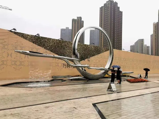 Large Outdoor square garden courtyard pool abstract stainless steel ring sculpture