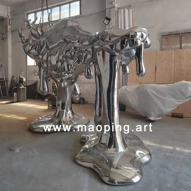 Large outdoor square park Stainless steel abstract yak sculpture