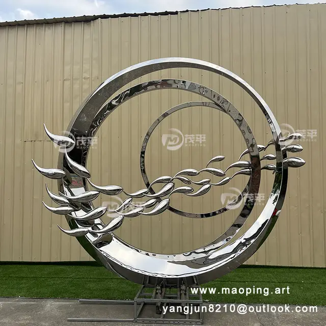 Large outdoor square beach luminous Metal Art stainless steel ring Abstract sculpture from the side