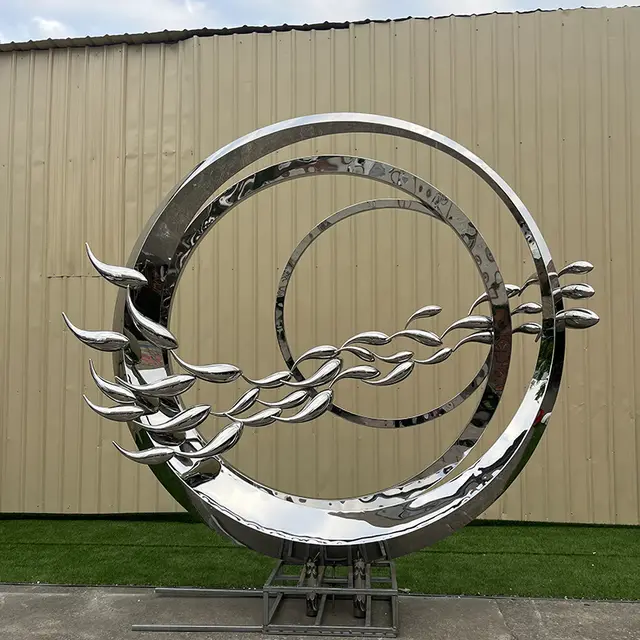 Large outdoor square ring Stainless steel fish sculpture