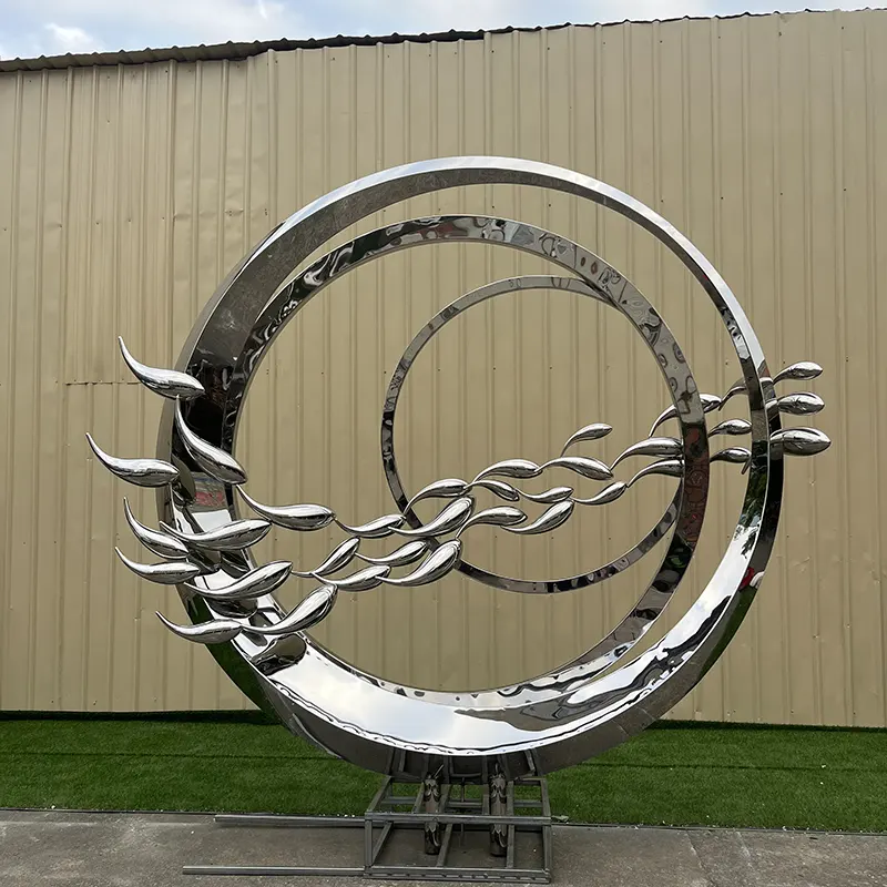 Large outdoor square ring Stainless steel fish sculpture