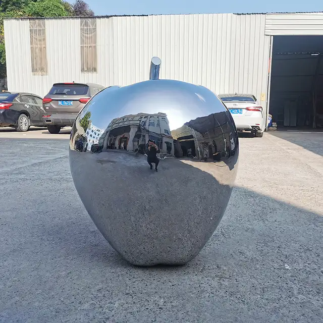 High-end household decorations indoor metal sculpture stainless steel apple sculpture from the side
