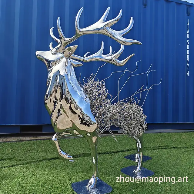 Luxury indoor hotel decorative art mirror polished stainless steel deer sculpture in close view