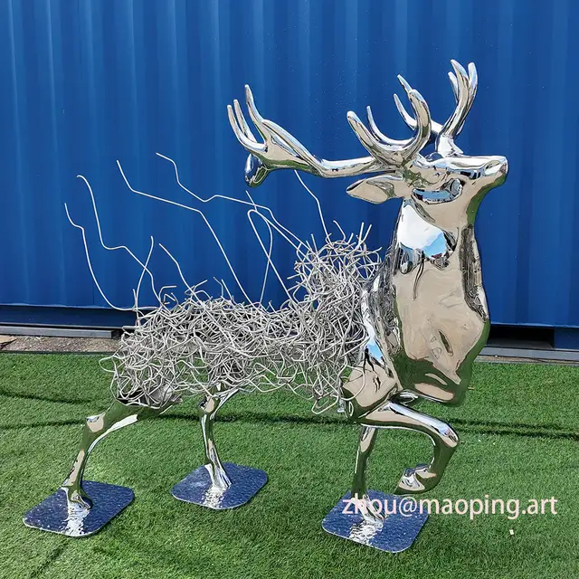 Luxury indoor hotel decorative art mirror polished stainless steel deer sculpture seen from another angle