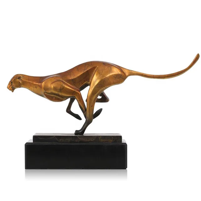 Metal Animal Statue Jumping Leopard Brass Sculpture for Office Decor