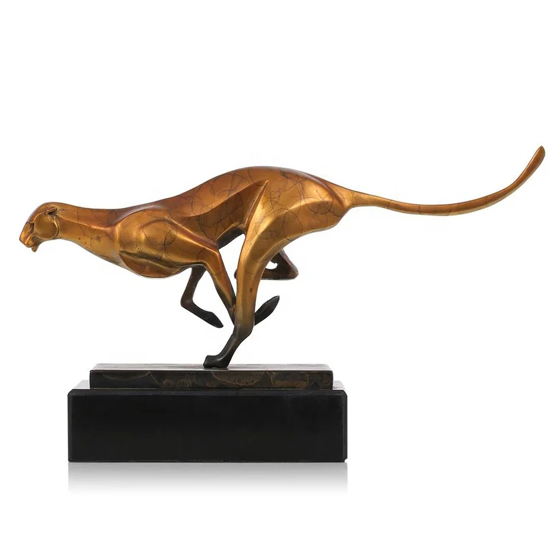Metal Animal Statue Jumping Leopard Brass Sculpture for Office Decor