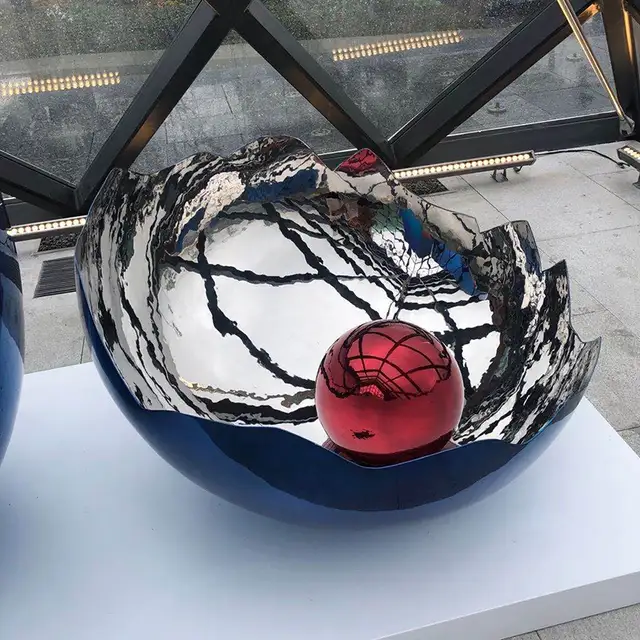 Metal Modern Art Red Stainless Steel Egg Sculpture in close view
