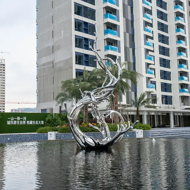 Modern large outdoor square pool stainless steel spray sculpture