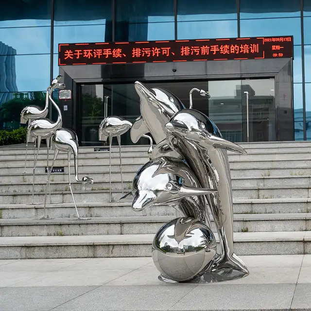 Outdoor park square landscape pool mirror polished stainless steel whale sculpture