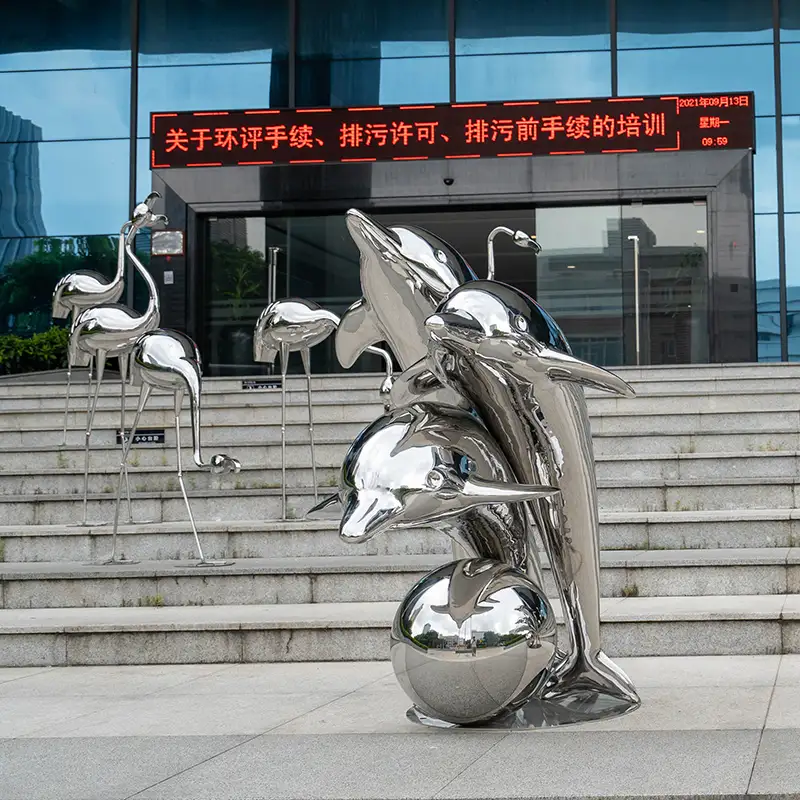 Outdoor park square landscape pool mirror polished stainless steel whale sculpture