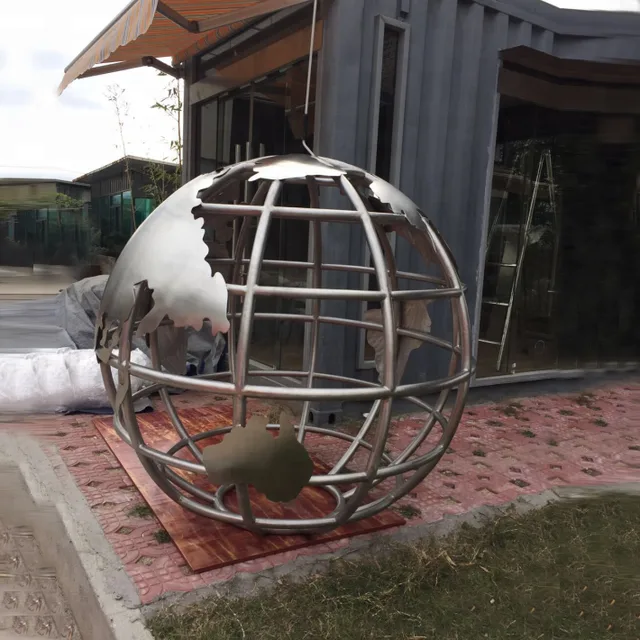 Modern Outdoor Large Stainless Steel Globe Ball Sculpture seen from another angle