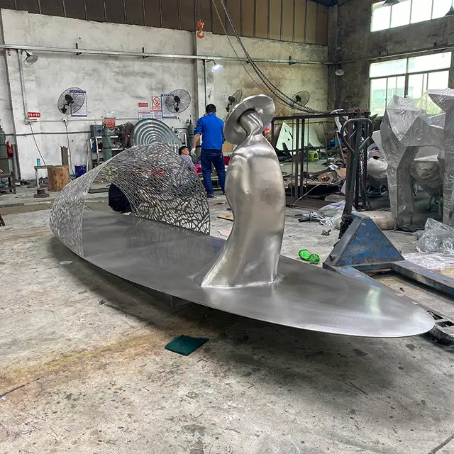 Modern outdoor park waterscape metal sculpture stainless steel boat sculpture
