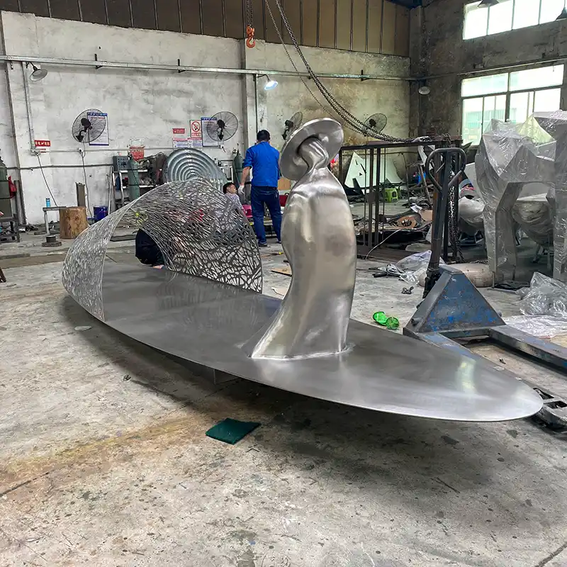 Modern outdoor park waterscape metal sculpture stainless steel boat sculpture