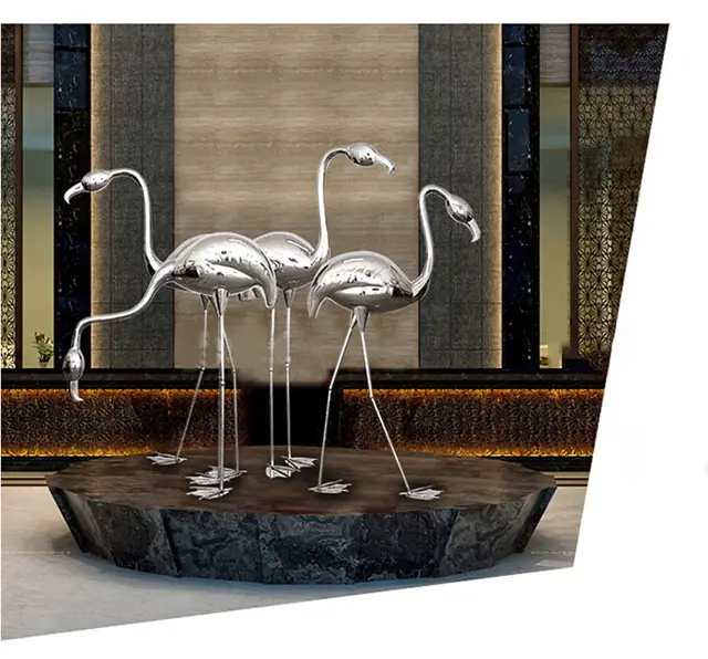 Modern outdoor square pool park courtyard stainless steel bird sculpture in close view