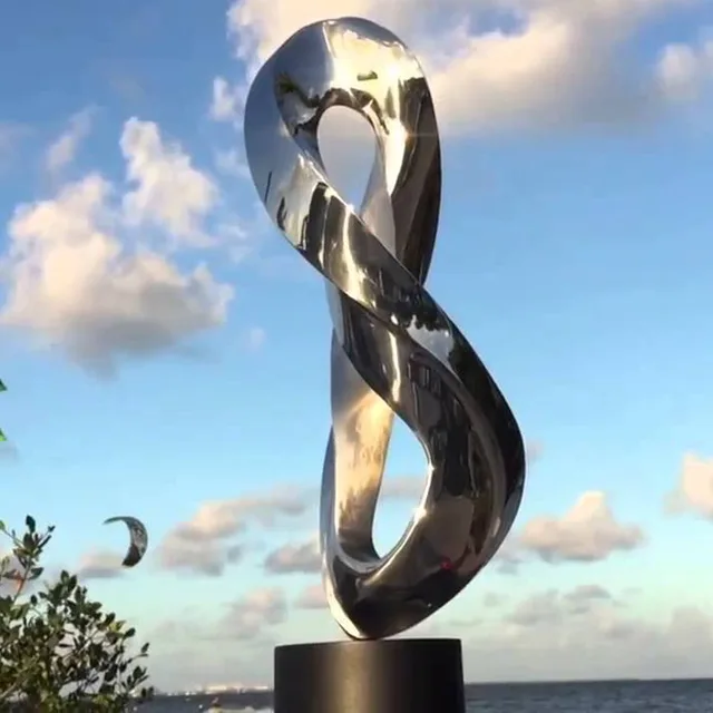 Outdoor large garden stainless steel sculpture seen from another angle