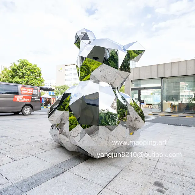Outdoor airport park square school library cinema museum mirror polished stainless steel bear sculpture
