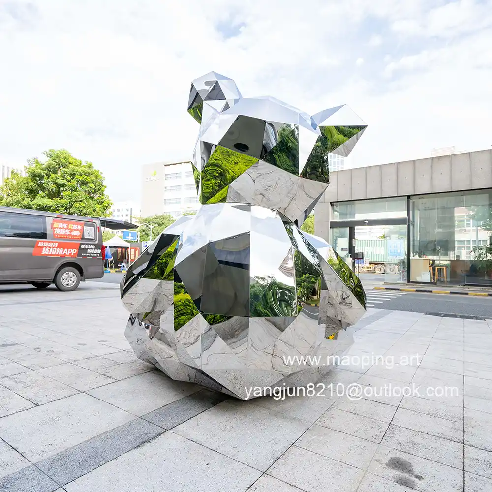 Outdoor airport park square school library cinema museum mirror polished stainless steel bear sculpture