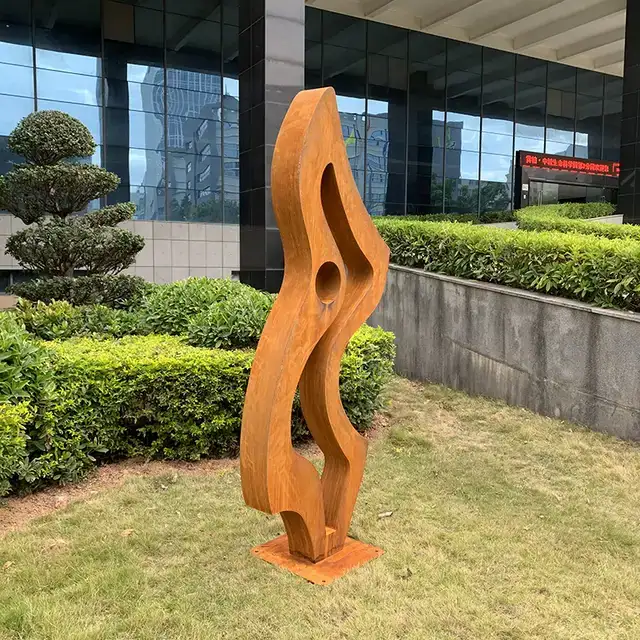 Outdoor garden Corten steel flame sculpture seen from another angle