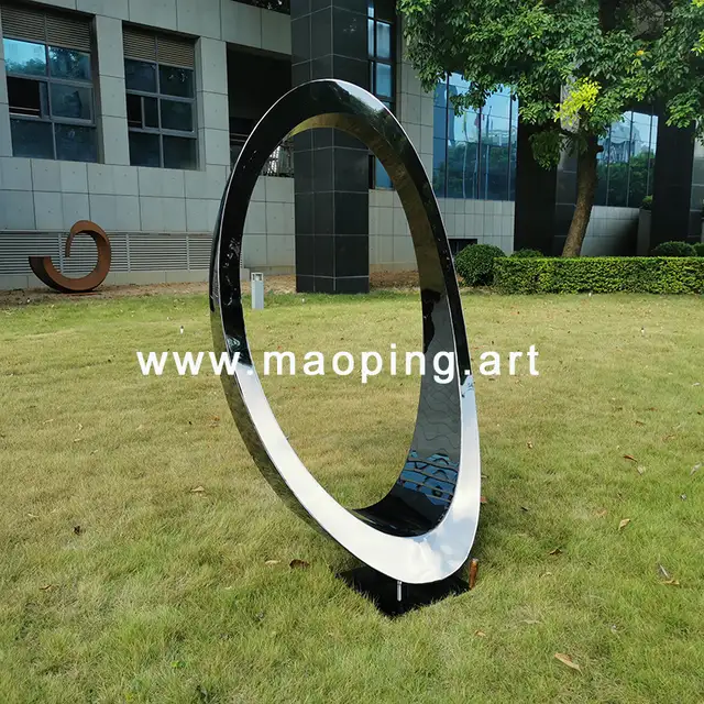 Outdoor garden courtyard Electroplating black titanium Stainless steel ring sculpture in close view